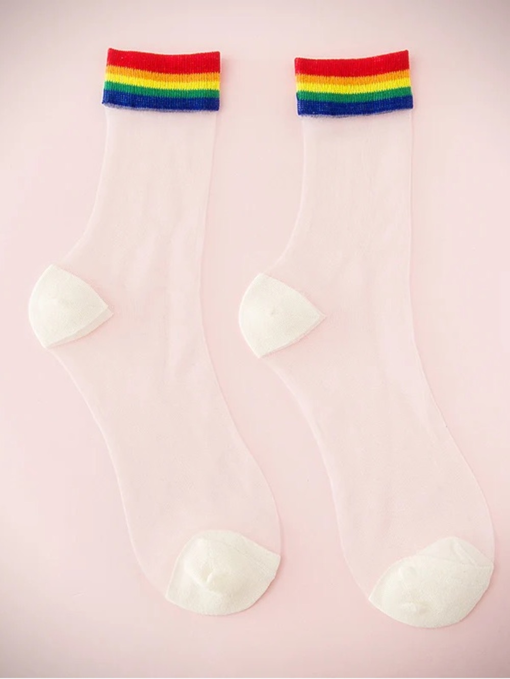 Rainbow White Sheer mesh Crew Socks with Rainbow Cuff - Unbranded